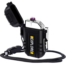 LcFun Electric Plasma Lighter - Windproof, Waterproof, USB Rechargeable with Emergency Whistle for Hiking, Camping, Outdoor, Survival, Tactical, EDC Gear (Black)