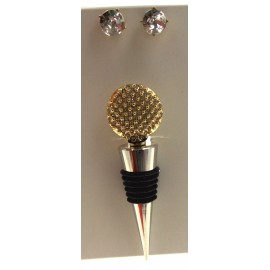 FUNsational Finds Wine Set Boxed Bottle Stopper Clear Gem Round Earrings Set Gold Ball Xmas Gift