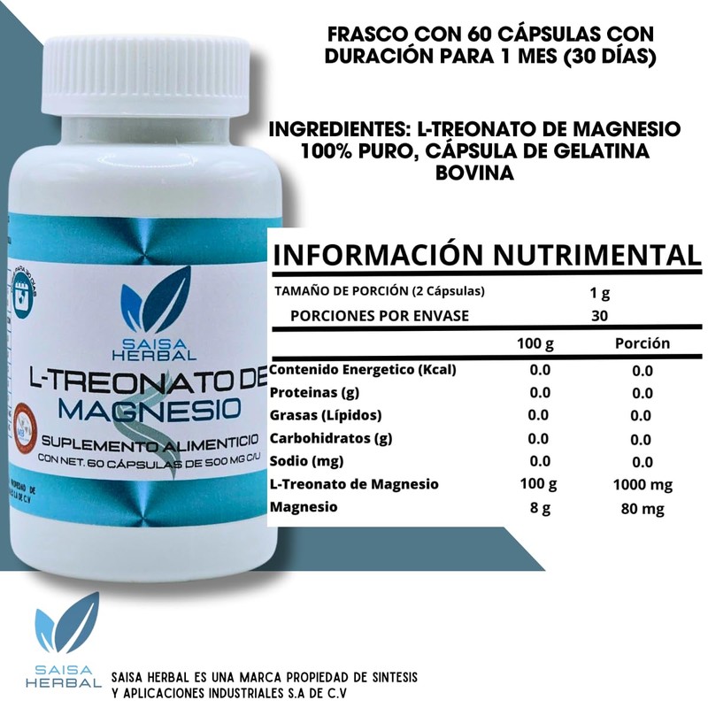 L-treonato De Magnesio 100% Puro con 60 Cápsulas SAISA HERBAL