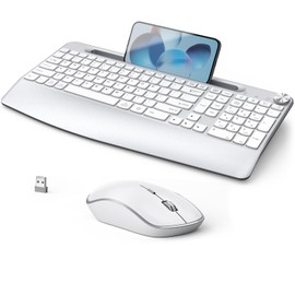 JOYACCESS Ergonomic Wireless Keyboard and Mouse, Full-Sized Ergonomic Keyboard with Wrist Rest, Wireless Keyboard and Mouse Combo with Phone Holder, Volume Roller for Computer Mac PC Laptop-Silver