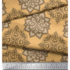 Soimoi Orange Poly Crepe Fabric Floral Mandala Print Fabric by Yard 42 Inch Wide