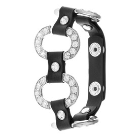 Angela Dot Posh Oval Encrusted Placed Station Stones Leather Bracelet For Mother's Day, Black Genuine, Adjustable, Crystal