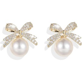 Pearl Bow Earrings for Women 14k Gold/Silver Plated Pearl Bowknot Drop Dangle Earrings Dainty Pearl Stud Statement trendy Earring for Women Jewelry Gifts (Pearl White)
