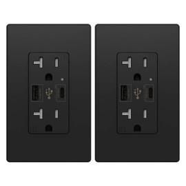 Micmi USB Outlet with C + A Wall Dual High Speed Receptacle Smart 4.8A Fast Charging Capability, 20Amp 125Volt, Tamper Resistant Wall Plate Included UL Listed (2Pack, Black, 20 Amp Outlet)