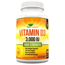 Vitamin D 3,000 IU, High Strength Vitamin D3 Supplement, 365 Easy to Swallow Softgels - Full Year Supply