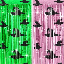 Halloscume 2 Pack Witch Party Decorations 3. 2 x 6. 6ft Green and Pink Foil Fringe Curtains Backdrop Witch Birthday Party Photo Booth Props Backdrop for Decoration Door Wall Supplies