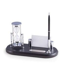 Bey-Berk D819 Black Wood & Chrome Plated Pen Stand with 3 Minute Sand Timer and Business Card Holder