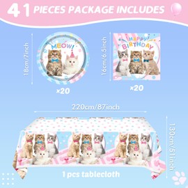 41Pcs Cat Birthday Party Supplies, Cat Theme Party Tableware Include 20 Paper Plates, 20 Napkins and 1 Tablecloth, Kitten Birthday Party Table Decorations Ideal for Cat Birthday Party Decoration