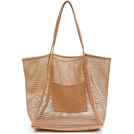 Pinsheng Mesh Shopping Bag, Mesh Bag, Large Shoulder Bag, Beach Bag for Women with Inner Pocket, Women's Handbag, Waterproof Swimming Bag, Foldable for Picnic, Food, Travel, brown