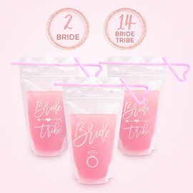 Effortless Events Bachelorette Drink Pouches for Adults, 15 Oz with Straws, Rose Gold, Bride and Bride Tribe (16 Count) Bottle Cup
