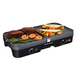 Hamilton Beach 3-in-1 Electric Indoor Grill + Griddle, 8-Serving, Reversible Nonstick Plates, 2 Cooking Zones with Adjustable Temperature (38546), Black
