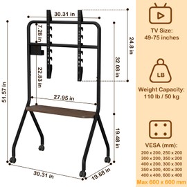 CVDF Rolling TV Stand for 49-75 Inch LCD LED OLED Flat/Curved Panel Screen TVs, Mobile TV Stand with Wheels, Height Adjustable TV Floor Stand, Holds up to 110 Lbs, Max VESA 600 x 600 mm, Black