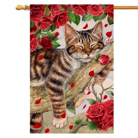 BLKWHT Valentines Day Cat House Flag 28 x 40 Vertical Double Sided Red Roses Spring Farmhouse Holiday Outside Decorations Burlap Yard Flag BW757-40