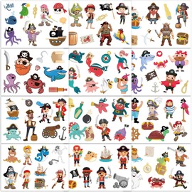 Qpout Pirate Temporary Tattoos for Kids, 12 Sheets, Waterproof, Easy to Use, Great for Parties