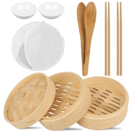 Steamer Basket,8 Inch 2-Tier Bamboo Steamer Basket For Cooking With 1 Bamboo Clip, 2 Ceramic Sauce Dishes, 10 Reusable Cotton Steamers Cloths And 2 Pairs Of Chopsticks