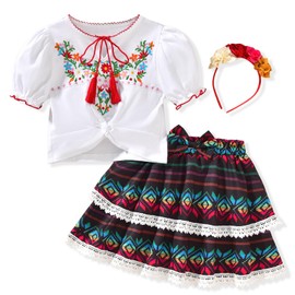 HIHA Size 9 Little Girls Mexican Embroidered Outfit Kids Cinco De Mayo Clothes Floral Twist Front Crop Tops Lace Skirt Set White 9-10 Years
