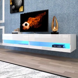 wuleen Floating LED TV Stand, Wall Mounted Entertainment Center with Storage and LED Light Socket Board, Modern High Gloss TV Stand Fits Up to 80 Inch TV, led Floating Shelf