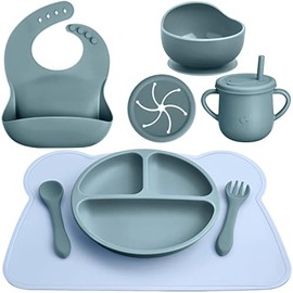 8 Pack Baby Feeding Eating Supplies Silicone Suction Divided Plate Baby Bibs Suction Bowl Silicone Placemat Silicone Spoon and Fork Silicone Cup with Straw Baby Tableware Set for Toddler (Dusty Blue)