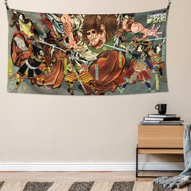 DigiTizerArt Japanese Ukiyoe Style Tapestry Wall Hanging, Japanese Samurai Ghost Yorimitsu And 4 Samurai Exterminated Monsters On Oe Mountain” Style Tapestries for Bedroom Home Decor Multi Color