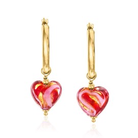 Ross-Simons Italian Pink and Red Murano Glass Heart Hoop Drop Earrings in 18kt Gold Over Sterling