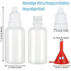 LOLYSIC 100 Pcs 20ml Dropper Bottles, Squeezable Empty Eye Dropper Bottles, White Cap Plastic Dropper Bottles for Oil Paint Sample Essential Liquid, with 5 Pcs Funnel