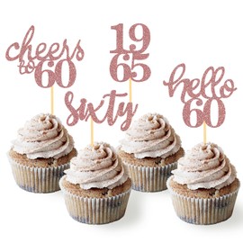 24 Pcs Glitter 60th Birthday Cupcake Toppers for Celebrating Sixty Years Old Birthday Party Decorations (Rose Gold 2)