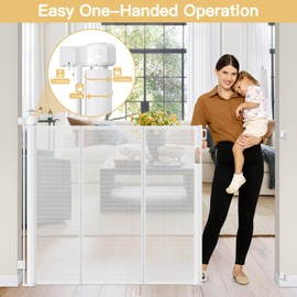 Reinforced 28 Inch Tall Retractable Baby Gates for Dogs - Easy Step Over, 100" Extra Wide Baby Gate with Support Rods, Indoor Mesh Dog Gates for The House Outdoor Retractable Gate Small Pet Gate/White