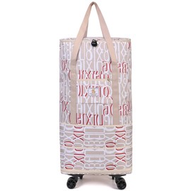 Radefasun Travel Tote Bags with Trolley Sleeve Expandable Extra Waterproof Oxford Duffel Bag with Wheels Lightweight Traveling Foldable Suitcase (Letter Beige, 2 Layer Expansion)