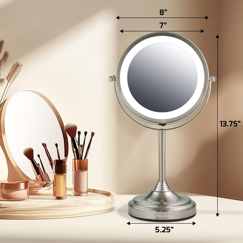 OVENTE 7'' Lighted Makeup Mirror with 1X/7X Magnification, Cordless Tabletop