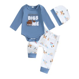 Newborn Baby Boy Outfits Excavator Truck Farm Coming Home Romper Pants Set Infant Boys Fall Winter Cute Clothes (Blue, 3-6 Months)