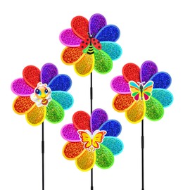 Frantlna Outdoor Wind Spinners Yard Garden Decor Shiny Pinwheels, Lawn Rainbow Ornaments to Deter Animals Scare Birds Away (4PCS)
