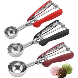 Cookie Scoops for Baking Set of 3, 18/8 Stainless Steel Ice Cream Scoop, 1 Tbsp/2 Tbsp/3 Tbsp Cookie Dough Scoop, Red/Black/Burgundy Non-slip Grip, for Cookie Cupcake Muffin Ice Cream