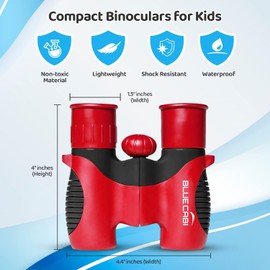 BlueCabi 8x21 Kids Binoculars – Compact, Durable and Lightweight with Magnification up to 8X – with Rubber Coating and Anti-Slip Texture – Includes Neck Strap, Wipe Cloth & Carry Case – Red/Black