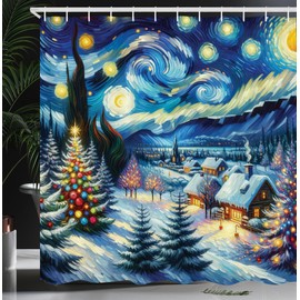 ABAKUHAUS Christmas Shower Curtain, Snow Christmas with Trees, Fabric Fabric Bathroom Decoration Set with Hooks, 175 x 200 cm, Blue Green Mustard