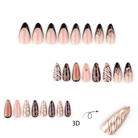 FIEONCIY Press on Almond Nails Medium Length Glossy Acrylic Almond Shaped False Nails with Designs Artificial Medium Fake Nails with Charms Glue Stick on Fingernails for Women Girls(JP3789)