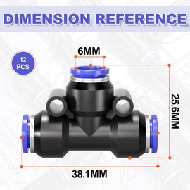 Bwintech Pack of 12 6 mm 3-way T-piece, pneumatic plug-in connection, 3-way plastic quick release PE air line adapter