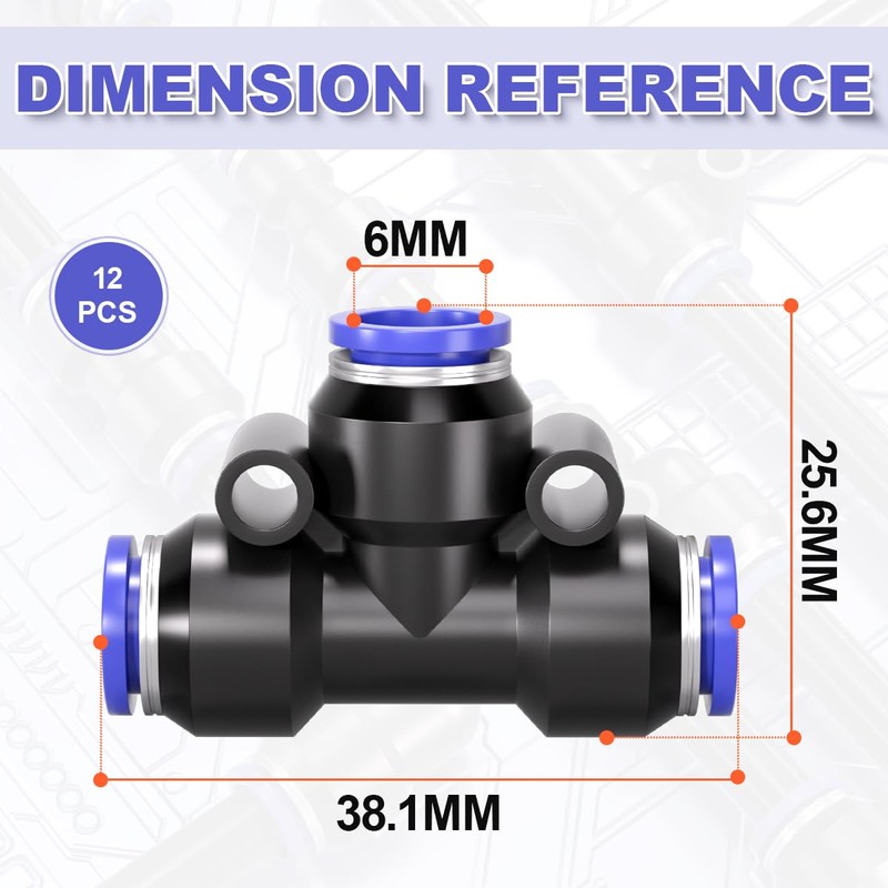 Bwintech Pack of 12 6 mm 3-way T-piece, pneumatic plug-in