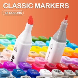 AnyMark Alcohol Markers, 48 Colors Dual Tip Alcohol Based Art Markers Set for Kids Adults Coloring Drawing, Chisel & Fine, White Penholder