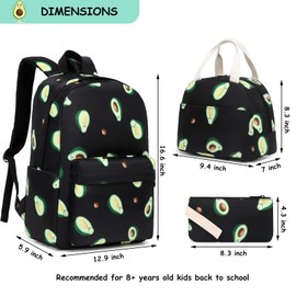 Fuyicat Avocado School Backpack Set for Girls, 3-in-1 Kids Teens Elementary Middle School Bags Bookbag with Lunch Bag Pencil Case
