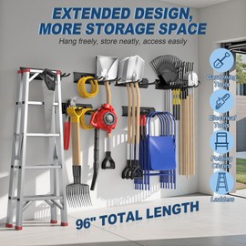 Housolution Garage Wall Organizer 96 Inch - 20Pack Carries 720 lbs | Garage Tool Storage System, 6 Rails with 12 Adjustable Metal Hooks, Garden Yard Shed Rack for Rake Broom Mop Snowboard