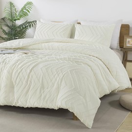 Andency Ivory Comforter Set Full Size, Boho Soft Warm Tufted Bedding Comforter Sets for Full Size Bed, 3 Pieces Aesthetic Chevron Farmhouse Cute Bohemian Textured Bed Set