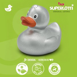 SUPERLOTTI Steffi Silver Squeaky Duck - Original Bath Duck Quality Brand for Children - Only Real in the Apple Box