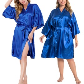 ALHAVONE Women Short Floral Silky Robes Wedding Bride Bridesmaid Bridal Party Robes Kimono (Solid color-Sapphire, Tag LXL)