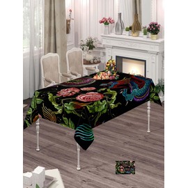 silichee Polyester Tablecloth Modern Fashion 60X84 Inch Embroidery Flowers Peonies Pattern Classical Embroidery Asian Tablecloth for Picnic Birthday BBQ Party Wedding