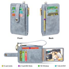 SENDEFN Credit Card Holder Slim Wallet for Women Bifold Leather RFID Blocking Womens Card Case Wallet with Zipper Coin Purse ID Window Removable Wrist Strap