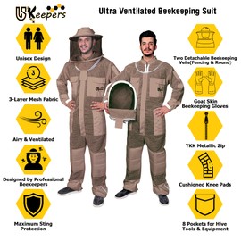 USKEEPERS 3-Layer Ultra Ventilated Bee Suit for Men & Women – Premium Beekeeping Suit with Bee Gloves & Two Detachable Beekeeping Veils (Brown 2XL)