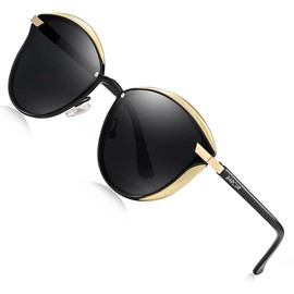 Barcur Polarized Sunglasses Women Cat Eye 3D Sheild Side Frame Round Sun Glassess UVA&B Protection(Gold Black)