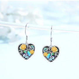 Sunflower Earrings for Women 925 Sterling Silver Heart Abalone Pendant Earrings Sunshine Sunflowers Jewellery Gifts, Sterling Silver