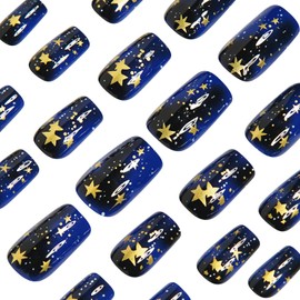 MIXFOSAHN Art Press on Nails Medium Square Fake Nails Blue Starlit Sky False Nails with Gold Stars Designs Glossy Full Cover Stick on Nails Glue on Nails Acrylic Nails for Women Girls 24 Pcs