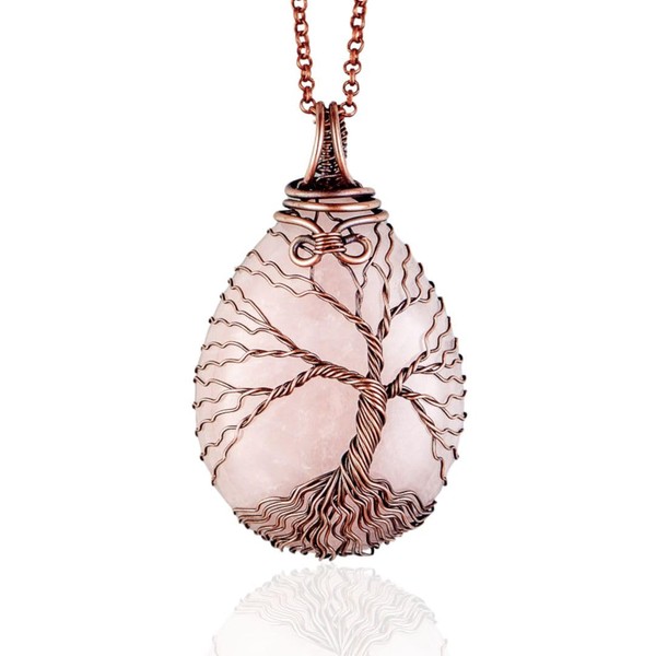 Unique tree of life rose quartz pendant necklace - Handmade